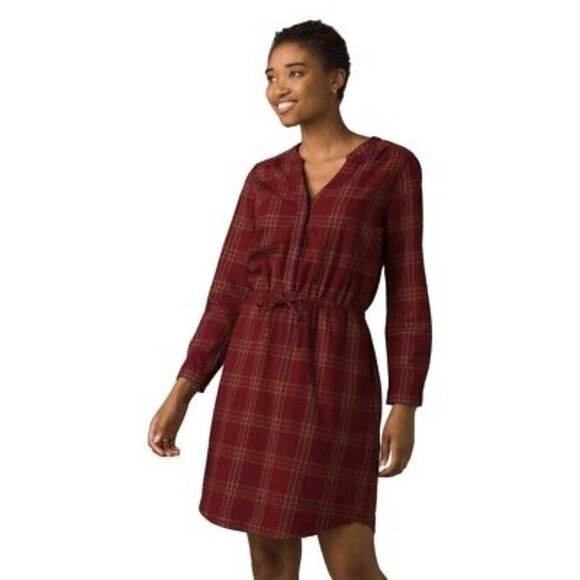 prAna Loop to Pines Shirt Dress Size XL Dark Red Plaid Organic Cotton Flannel - Picture 4 of 5